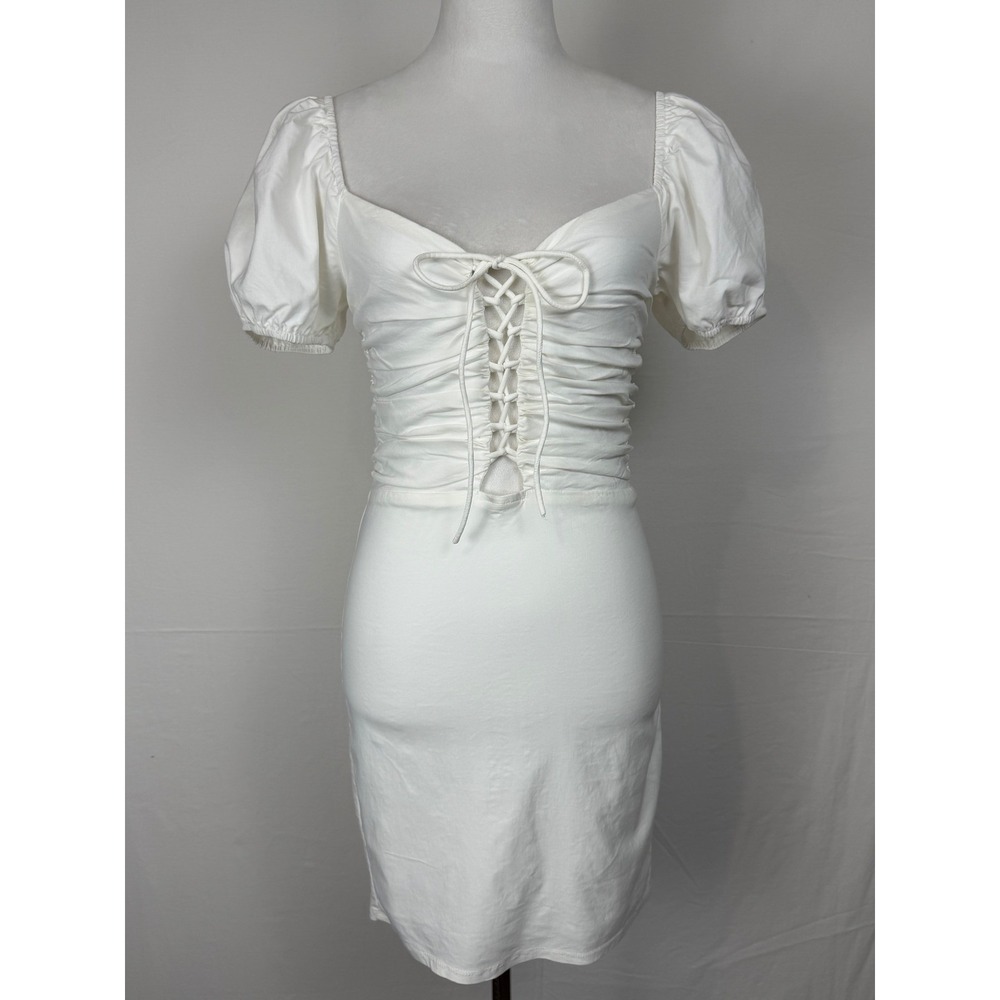 Blue Blush Women's M Lace Up Ruched Mini Dress White Puff Sleeve Bodycon